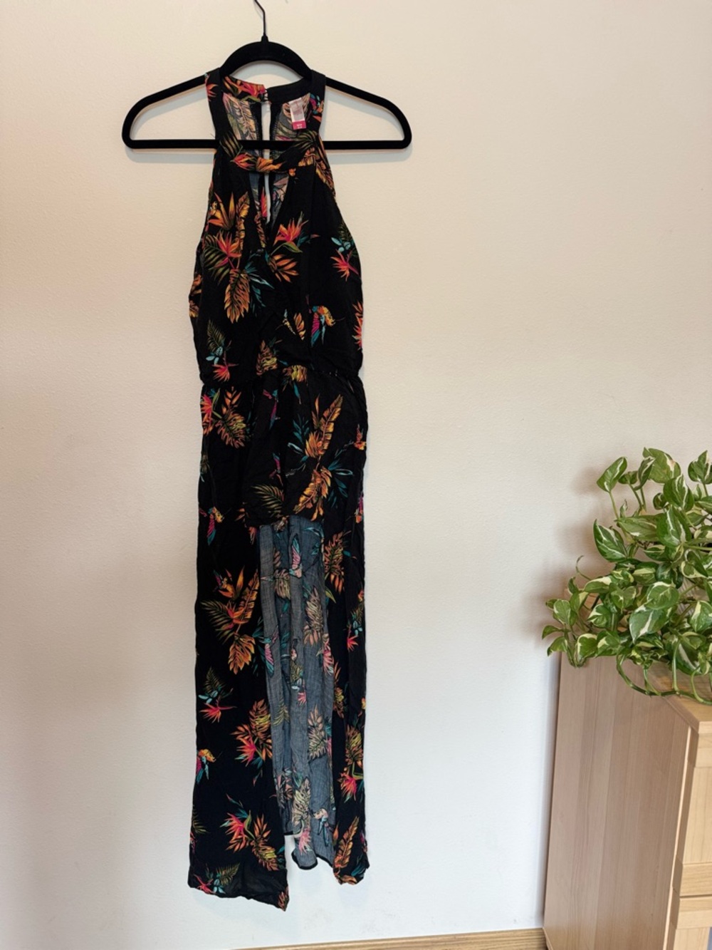 No Boundaries Black Tropical Print Halter Romper Dress
